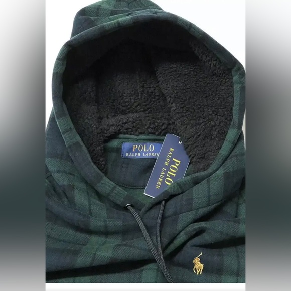 POLO RALPH LAUREN • BOY’S FLEECE BLACKWATCH PLAID HOODIE • green sherpa blue - Picture 5 of 9